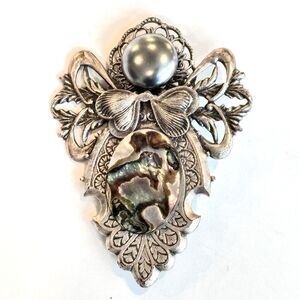 VTG Jane 1999 Angel Mother of Pearl Brooch Filigree Religious Signed